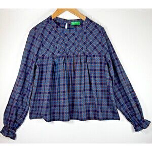 United Colors of Benetton Blouse Small Blue Brown Plaid Pintuck Long Sleeve Top